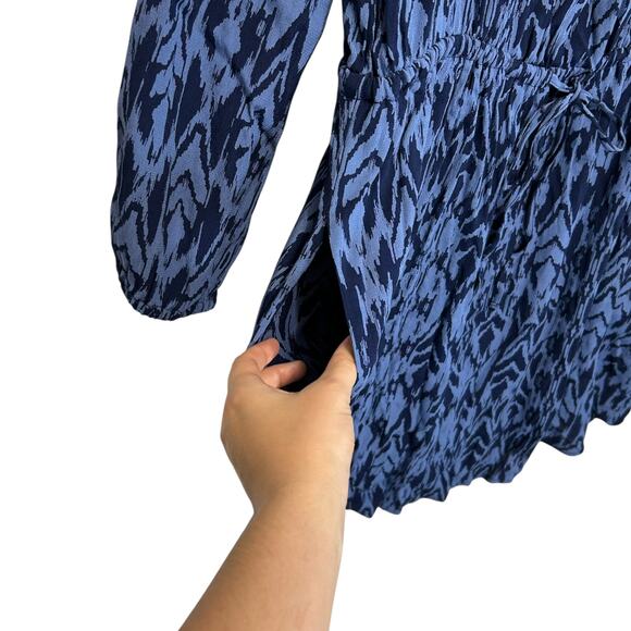 Gap Silky Split Neck Cinch Waist Dress NWT Women's Sz XL Blue Bohemian Ikat Chic - Picture 7 of 8